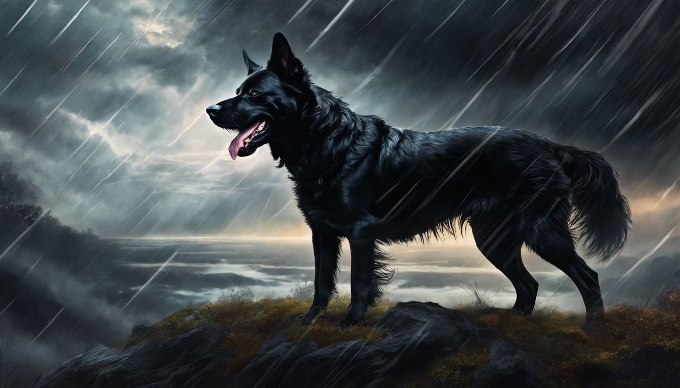 A fierce black dog showing its teeth in a stormy setting. A fierce black dog showing its teeth in a stormy setting.