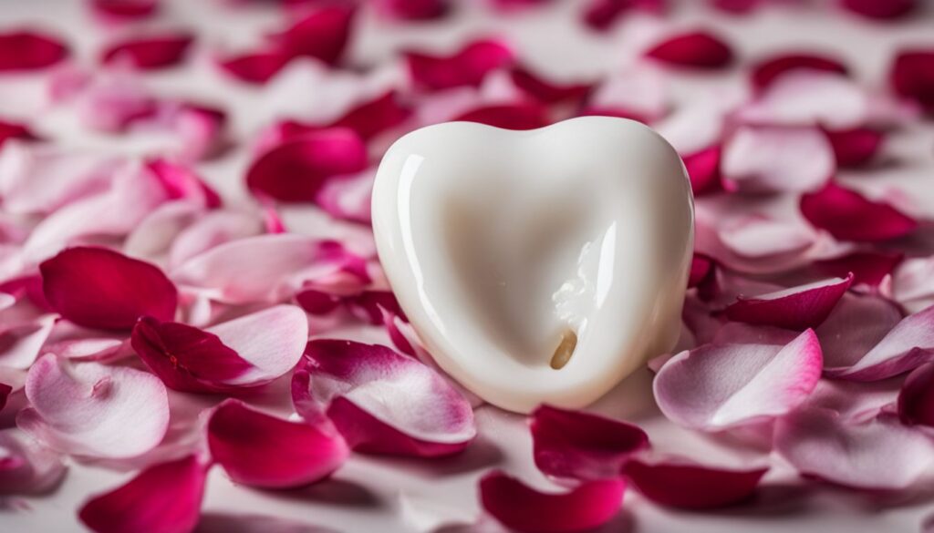A broken tooth resting on a bed of rose petals.