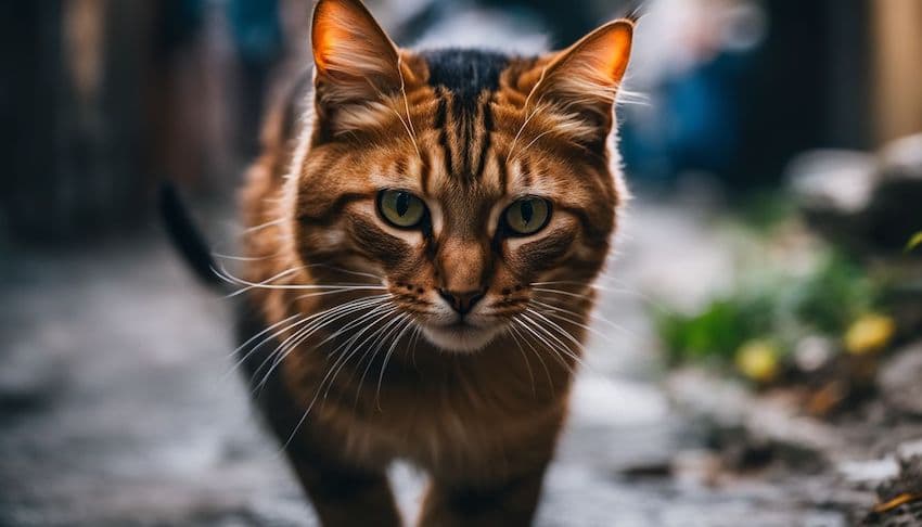 a cat ready to attack a pray in a street