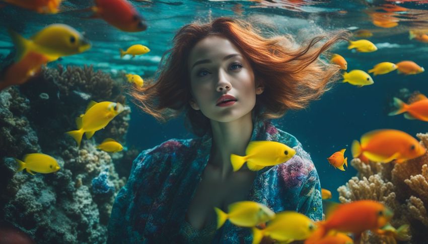 a woman floating in clear water in a dream