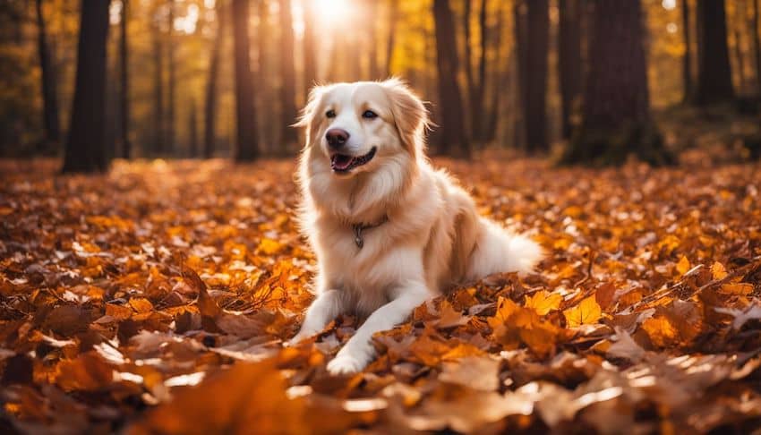 dog resting a bed of autumn leaves