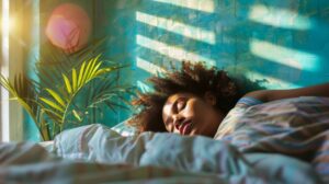 a woman dreaming in a comfortable bed before going to work