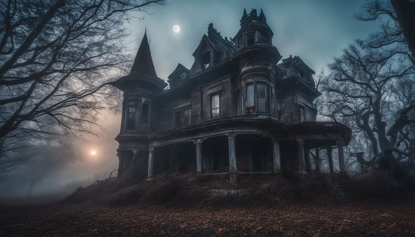 an abandoned haunted mansion under the moon light