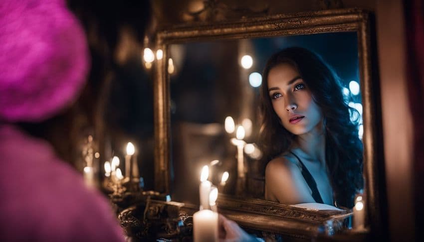 a woman with a missing teeth looking into a mirror