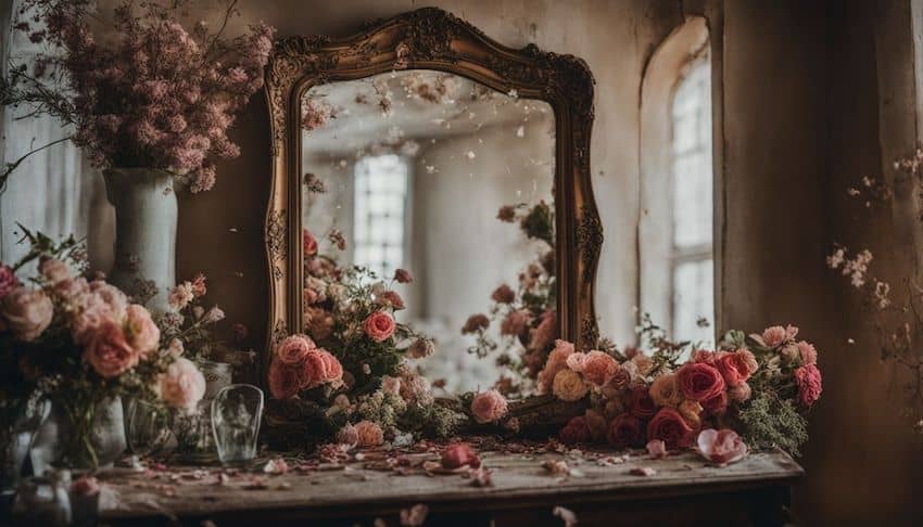 a mirror with roses where one can reflect about having no teeth left