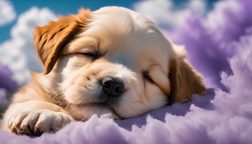a puppy dreaming on a blanket