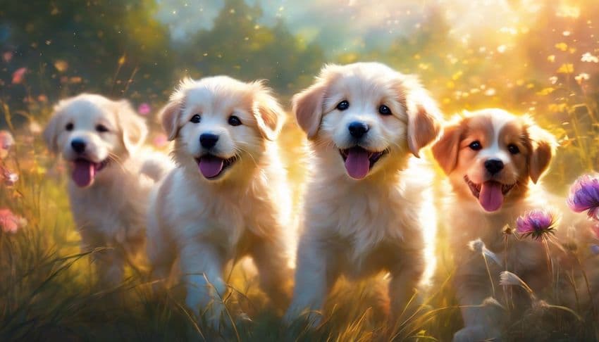 cute white puppies in a line
