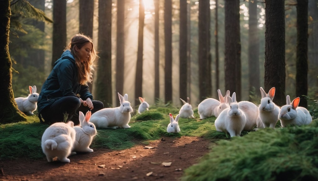 a woman staring at a bunch of white rabbits in a sun-lit forest