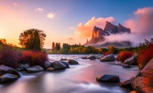 beautiful pink river landscape in a dream
