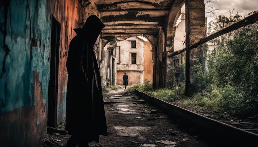 a dark figure in an alley trying to kill someone in a dream like setting