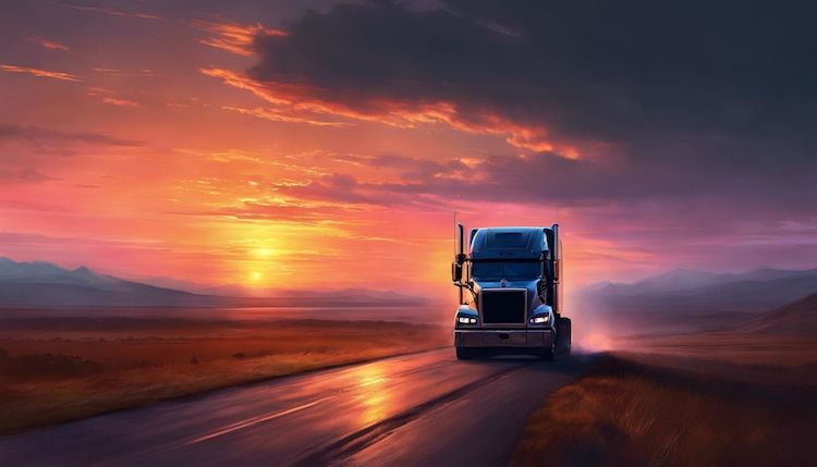 dreamy scene of a truck on the road with sunset